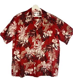 VTG HOWIE Hawaiian Tropical Aloha Shirt Mens L Red Black Tan Palm Hawaii Made